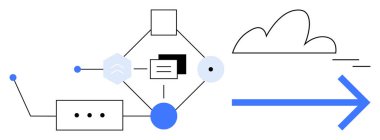 Veri hareketini, bulut bağlantısını ve iş akışını oklar ve geometrik tasarımlarla temsil eden soyut şekiller. Bulut hesaplama, analitik, otomasyon, ağ oluşturma ve işlemler için ideal