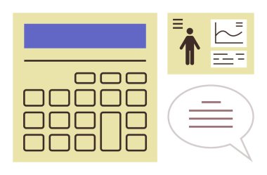 Grafik ve insan figürünün yanı sıra iletişim için konuşma baloncuğu ile hesap makinesi ve sunum tahtası. İş analizi, finans, raporlama, takım çalışması, eğitim ve verimlilik için ideal
