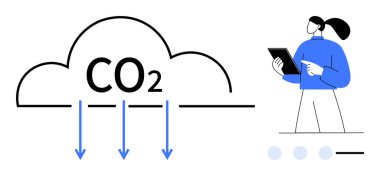 Tabletteki verileri analiz eden bir kişinin yanı sıra emisyonları ya da azalmayı temsil eden aşağıya doğru oklu CO2 bulutu. İklim değişikliği, sürdürülebilirlik, çevre, eğitim, araştırma, yenilik için ideal