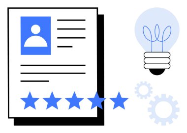 Profil fotoğrafı, metin detayları, mükemmeliyet için beş yıldız, yeniliği simgeleyen parıldayan ampul ve süreç için vites içeren profesyonel özgeçmiş. Kariyer büyümesi ve adam toplamak için ideal.