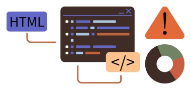 HTML etiketli kodlama ekranı, kod kırıntısı, hata ayıklama uyarı üçgeni ve renkli veri tablosu. Web geliştirme, programlama, hata ayıklama, hata işleme, veri analizi konuları için idealdir
