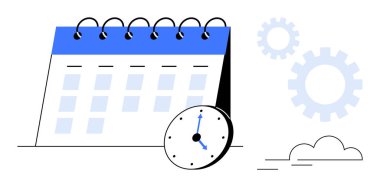 Vurgulanmış saat, vites ve bulut elementleriyle sarmal takvim. Planlama, programlama, zaman yönetimi, teslim tarihleri, takım çalışması verimliliği ve verimlilik için ideal. Temiz düz metafor