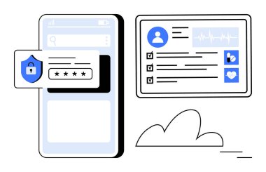 Şifre korumalı akıllı telefon ve sağlık profili, istatistikleri ve simgeleri gösteren tablet. Siber güvenlik, sağlık, veri güvenliği, kimlik doğrulama, gizlilik teknolojisi tıbbi uygulamaları için idealdir. Basit.
