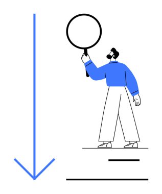 Büyük büyüteçle inceleyen kişi, aşağıya bakan mavi ok. Analiz, araştırma, problem çözme, odaklanma, karar verme, rehberlik, basit iniş sayfası için ideal