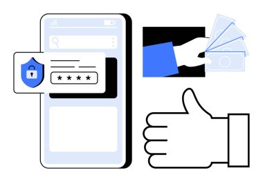 Şifre girişi ve güvenlik kalkanı olan akıllı telefon, el ele tutuşan para ve baş parmak işareti. Finans, bankacılık, e-ticaret, ödeme güvenliği, kimlik doğrulama, online alışveriş sade iniş için ideal