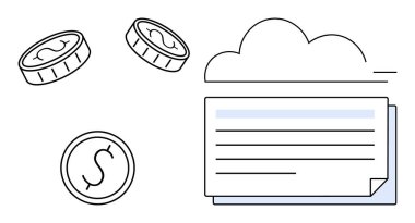 Bozuk paralar bir bulutun yanında yüzer ve organize mali ve veri depolamayı sembolize eden çizgilerle belgelenir. Finansal planlama, bulut hesaplama, çevrimiçi bankacılık, yatırım, bütçe, dijital