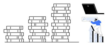 Yığılmış kitaplar, bir dizüstü bilgisayar ve yükselen okları aramaya odaklanan bir kişi ile ilerlemeyi gösteren bir bar çizelgesini yukarı kaldırır. Büyüme, öğrenme, yenilik, araştırma, ilerleme, strateji için ideal