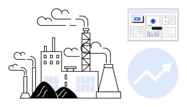 Duman yığınları, emisyonları ve yığınla malzemesi olan endüstriyel bir fabrika. Yakınlardaki dijital gösterge paneli büyüme ölçümlerini gösteriyor. Sanayi, çevre, sürdürülebilirlik, analitik ve ilerleme için ideal