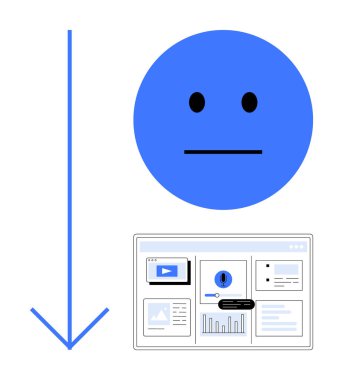 Aşağı doğru ok, mavi tarafsız yüz, grafik ve grafiklerle dolu dijital torpido gözü. Geri bildirim, eğilimler, duygular, analitik, iş performansı, kullanıcı deneyimi için ideal basit düz metafor