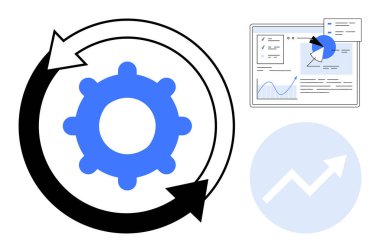 Daire şeklinde oklarla çevrili olan teçhizat tekrarlamayı, analitik gösterge panelini ve büyüme okunu simgeliyor. İş akışı iyileştirme, veri analizi, ilerleme izleme, optimizasyon ve iş stratejisi için ideal