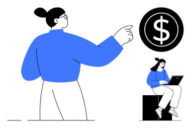 Dolar simgesini gösteren kadın, finansal hedefleri sembolize ediyor. Bir başkası oturuyor ve dizüstü bilgisayarla çalışıyor. Finans, yatırım, gelir üretimi, iş planlaması, çevrimiçi çalışma ve basit bütçe oluşturma için ideal