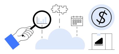 Bar tablosunun üzerinde büyüteç, bulut birleştiren bulmaca parçası, takvim, para sembolü, e-ticaret grafiği. Finans, analitik, bulut hesaplama, e-ticaret veri yönetimi ekonomik stratejisi için ideal