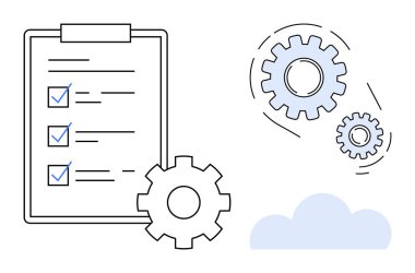 Tamamlanmış kontrol listesi, otomasyon ve süreçleri sembolize eden vitesler ve bir bulut elementi. Üretkenlik, iş akışı, takım yönetimi, görev planlaması, otomasyon, bulut hesaplaması için ideal
