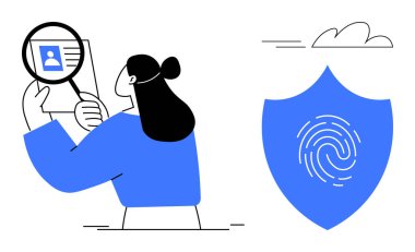 Kadın kimlik teşhisini büyüteçle incelerken kalkan ve parmak izi de veri güvenliğini sembolize ediyor. Kimlik doğrulama, güvenlik, biyometrik, gizlilik, dijital koruma için ideal