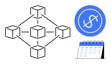 Blockchain 'i temsil eden birbirine bağlı küpler, mavi para birimi amblemi ve bir masa takvimi. Finans, kripto para birimi, engelleme, programlama, teknoloji ekonomisi ve planlama için ideal. Basit düz metafor
