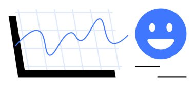 Şebeke arka planında siyah aksanlı dalgalı bir çizginin yanında mavi mutlu yüz. Veri analizi, geri bildirim, ilerleme takibi, ölçüler, müşteri memnuniyeti, performans raporları, basit