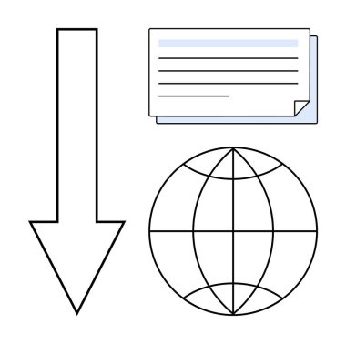 Belge yığınının ve dünya çizgisinin yanındaki aşağı doğru ok veri paylaşımı, küresel ulaşım ve bilgi transferini gösteriyor. Teknoloji, ağ, iletişim, eğitim ve ilerleme için ideal