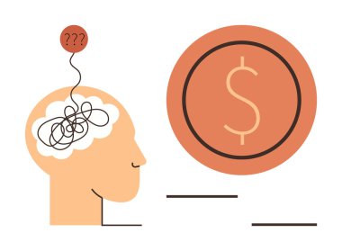 Karışık çizgileri olan insan kafası karışıklığı sembolize eder soru işaretli düşünce balonu ve belirgin dolar işareti. Finans, karar verme, ekonomi, psikoloji ve yatırım için ideal