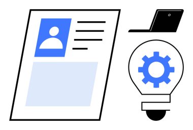 Kullanıcı profili ve mesajla devam et, içinde dişli parlak bir ampul ve bir laptop. Kariyer büyümesi, yenilik, teknoloji, takım çalışması, dijital öğrenme, yaratıcılık ve iş uygulamaları için ideal