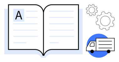 Metin sayfaları, iki vites göstergesi ve teslimat kamyonu simgesi olan açık bir kitap. Lojistik, eğitim, süreç tasarımı, tedarik zinciri, bilgi paylaşımı, kaynak planlaması için ideal