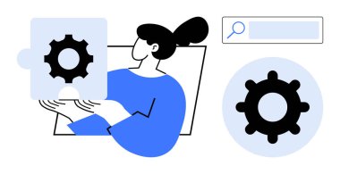 Dişli ikonlu yapboz parçası elinde tutan kadın, yenilikleri, çözümleri, takım çalışmasını, mekaniği, gelişmeyi, yaratıcılığı ve teknolojiyi sembolize ediyor. İş stratejileri için ideal teknik sunumlar veya