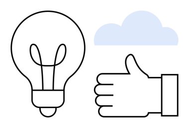 Bir ampulün ana hatları, el hareketi ve yenilik, onay ve bağlantıyı temsil eden mavi bulut. Yaratıcılık, teknoloji, işbirliği, onay verimlilik tasarımı için ideal