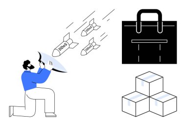 DDoS saldırılarına karşı korunmak için kalkan kullanan bir kişi. Füze olarak sembolize edilmiş, evrak çantasının yanında ve paketlenmiş. Siber güvenlik, koruma, lojistik, iş, tehdit savunması için ideal
