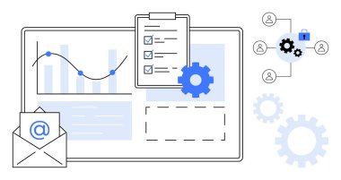 Veri tablosu, e-posta zarfı, kontrol listesi ve güvenlik simgeleri. Proje yönetimi, otomasyon, işbirliği, iş akışı analitik verimlilik iletişimi için ideal. Modern basit düz metafor