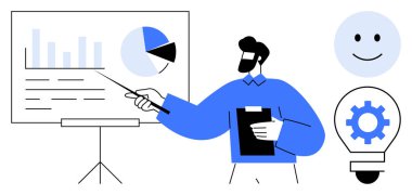 Dosyalarla, panolarla, ampullerle ve gülen yüzlerle verileri sunan profesyonel bir iş adamı. Takım çalışması, strateji, yenilik, analitik, pazarlama, beyin fırtınası iş büyümesi için ideal