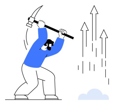 Büyüyen oklara doğru kazma sallayan adam sıkı çalışmayı, hırsı ve ilerlemeyi sembolize ediyor. Başarı, kararlılık, iş büyümesi, üretkenlik, kalkınma hedefi sade düzlük