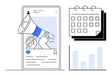 Mobil ekranda megafonla sosyal medya iletisi görüntüleniyor. Bitişiğinde bir takvim ve bar grafiği var. İçerik stratejisi, çevrimiçi pazarlama, programlama, sosyal medya, veri analizi, kampanya için ideal