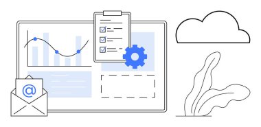 Analitik çizelge, kontrol listesi, e-posta zarfı, teçhizat, bulut ve yeşillik. Üretkenlik, iletişim, analitik iş akışı teknolojisi görev yönetimi için ideal minimalist düz metafor