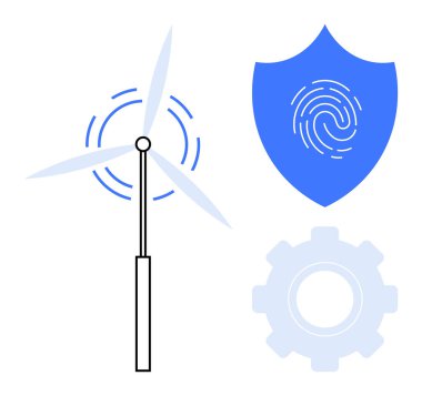 Rüzgar türbininin enerji üretmesi, güvenlik teması için kalkanda parmak izi, yeniliği simgeleyen teçhizat. Enerji, sürdürülebilirlik, güvenlik, teknoloji, temiz enerji, verimlilik için ideal basit düz