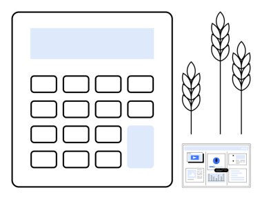 Buğday sapları ve veri ekranının yanında hesap makinesi, finans, tarım analitiği ve kaynak yönetiminin altını çiziyor. Tarım, ekonomi, sürdürülebilirlik, bütçe ve analiz yatırımları için ideal