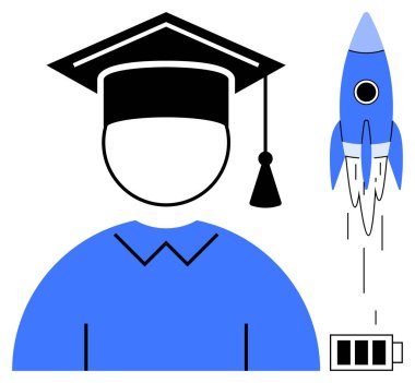 Bir roketin kalkışı ve pil ikonunun yanında şapkayla mezun olmak. Eğitim, yenilik, başarı, ilham, kariyer büyümesi, teknoloji ve ilerleme için idealdir. Basit düz metafor