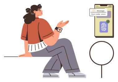 Akıllı telefon ekranının yanında parmak izi biyometrisi ve güvenli kod mesajı gösteren bir kadın. Siber güvenlik, dijital koruma, kimlik doğrulama, teknoloji, kullanıcı gizliliği için ideal