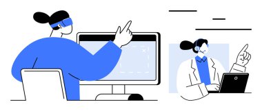 Sanal arayüzle VR kulaklık kullanan bir kişi başka bir bilgisayarla işbirliği yapar. Teknoloji, yenilik, iletişim, sanal işbirliği, uzaktan çalışma, eğitim, basit
