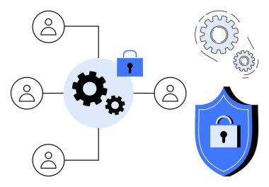 Bağlı takım düğümleri dişliler ve güvenlik kilidi etrafında toplandı. Kilitli kalkan korunmayı ön plana çıkarır. Veri gizliliği, takım çalışması, siber güvenlik, yenilik, işbirliği, strateji için ideal