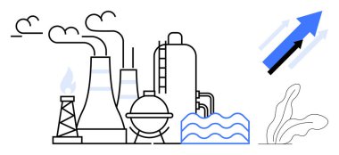 Bacaları duman, petrol kulesi, dalga desenleri, büyümeyi gösteren oklar ve bitkiler yayan bir fabrika. Ekonomi, endüstri, sürdürülebilirlik, çevre büyüme yeniliği ve iklim değişikliği için ideal