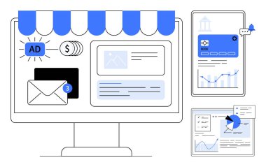 E- posta bildirimleri, reklamlar, e-ticaret mağazası önü, kredi kartı ve analitik ekranlı tablet. Çevrimiçi dijital pazarlama, e-ticaret, iş ve analitik iletişim için ideal