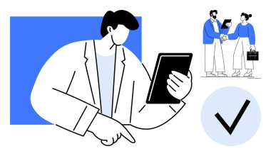 Tablet kullanan bir adam, el sıkışan iki kişi, büyük bir işaret. Takım çalışması, işbirliği, teknoloji, dijital doğrulama, ortaklık anlaşmaları için ideal. Basit düz metafor