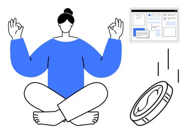 Meditasyon pozisyonunda oturan kişi, iş akışı için dijital arayüz ve mali denge için para sembolü. Farkındalık, odaklanma, verimlilik, refah, uyum ve başarı için ideal basit düz metafor.