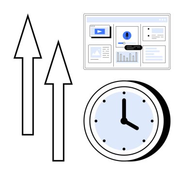 Grafikleri ve videoları olan veri paneli, zaman yönetimini sembolize eden bir saat ve gelişme ve büyüme için iki yukarı doğru ok. Analiz, üretkenlik, verimlilik, iş büyümesi ve zaman için ideal