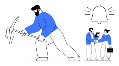 Kazma kullanan madenci, el sıkışan profesyoneller, uyarı çanı alarm konsepti. İşbirliği, takım çalışması, madencilik, işçilik, verimlilik pazarlığı için ideal. Basit düz metafor
