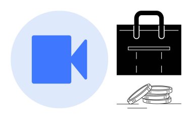 Mavi oyun tuşu, siyah iş çantası, istiflenmiş paralar medya, iş ve finans sektörünü temsil ediyor. İş stratejisi, video pazarlama, e-ticaret, girişimcilik yatırımı için ideal dijital