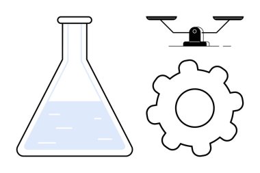 Sıvı, vites sembolü ve denge terazisiyle dolu bir laboratuvar şişesi. Yenilik, mühendislik, araştırma, bilim, teknoloji eğitimi hassasiyeti için ideal. Basit düz metafor