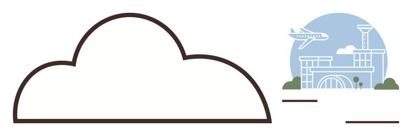 Самолет пролетает над терминалом аэропорта, большое облако на переднем плане, минималистское голубое небо. Идеально подходит для путешествий, авиаперелетов, туризма, транспорта, деловых поездок и глобальной связи. Simple