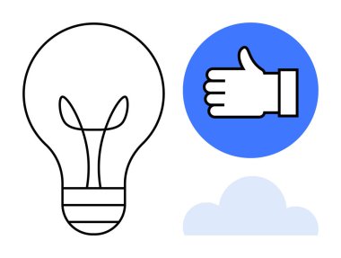 Fikirleri temsil eden ampul, mavi dairede onay için onay simgesi ve bulut şekli. Yaratıcılık, pozitiflik, karar verme, yenilik, beyin fırtınası, geri bildirim sayfası için ideal