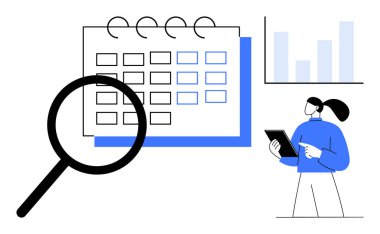 Büyüteç takvimi elinde tablet tutan bir figürün yanında inceler. Çubuk grafik analizlerin altını çizer. Üretkenlik, planlama, zamanlama, zaman yönetimi, veri, iş analizi için ideal, basit