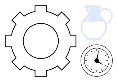 Dişlileri sembolize eden süreç, zaman yönetimini temsil eden saat ve kaynaklar için atıcı. Üretkenlik, zaman verimliliği, planlama, iş akışı, organizasyon işi takım çalışması için idealdir. Basit düz